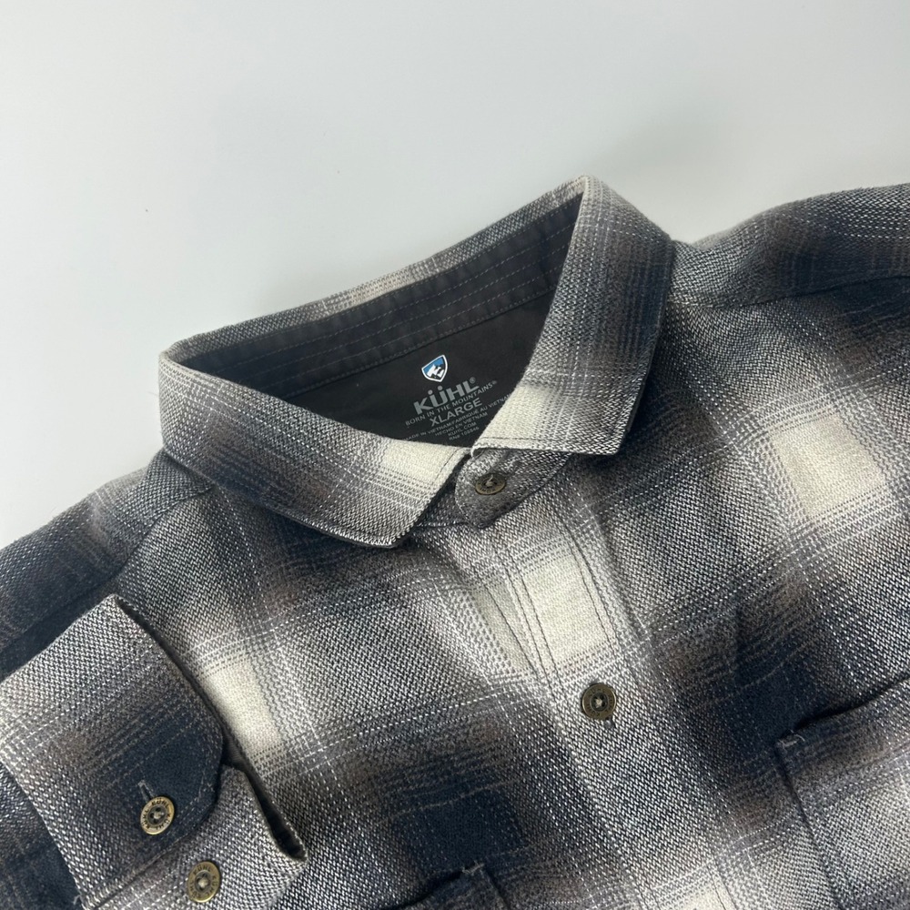 Kuhl Mens XL Plaid Flannel Button Down Shirt Gray Black Long Sleeve Cotton